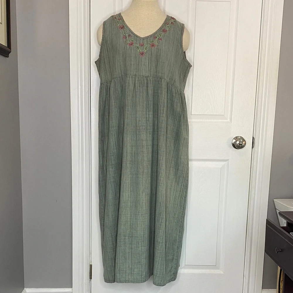 Vintage April Cornell Sage Cotton Embroidered Maxi Dress Cottagecore L - Picture 2 of 15